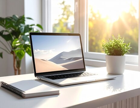Work from Home: A modern home office: laptop on a clean desk, potted plant, notebook, natural light from window, casual yet tidy