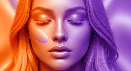 Woman with closed eyes in a surreal portrait with orange and purple lighting