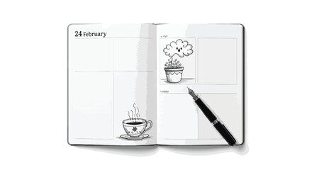 Open Diary Showing February 24th with Pen, Doodle Plant and Coffee Cup on White Backdrop, Ideal for Personal Planning and Creative Scheduling