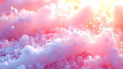 A dreamy, colorful scene featuring soft pink bubbles and foam, creating a whimsical, serene atmosphere with a gentle light shining through.