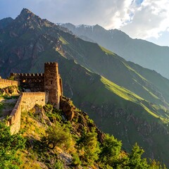Ancient fortress on a mountainside at sunset