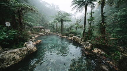 Naklejka premium Tranquil hot spring nestled in a misty, lush rainforest