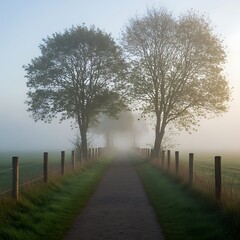 Ethereal pathway vanishing into mystic fog, adorned with symmetrical trees