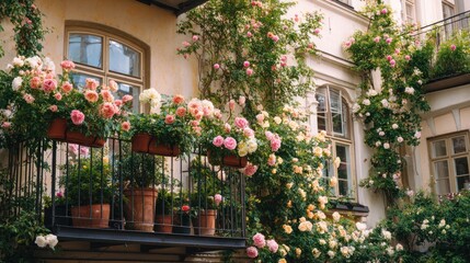 Ornate balconies overflowing with vibrant roses