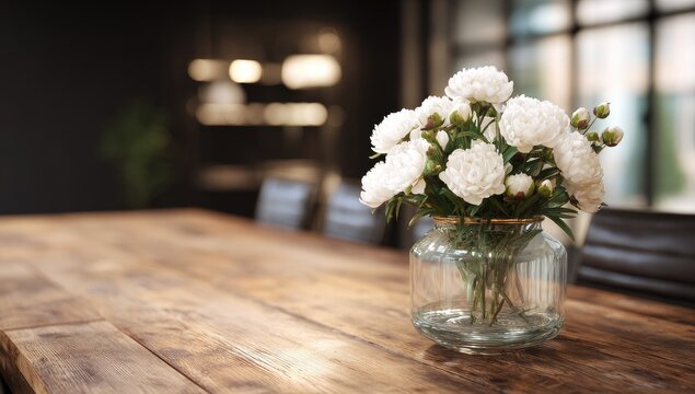 A bouquet of white flowers in a glass vase sits on a wooden table in a modern interior