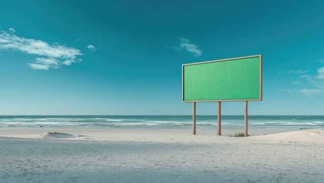 Empty green billboard on a sandy beach under a partly cloudy sky.  Beach scene