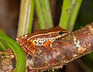 Small frog, reddish-brown with cream/white spots, perched on a branch