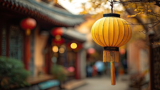 Yellow lantern hangs in autumnal alley - Powered by Adobe