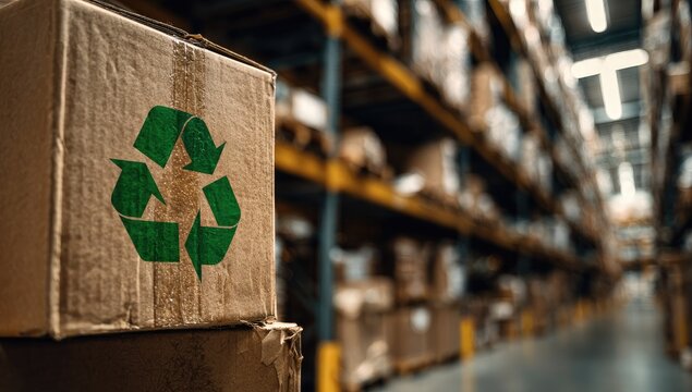 Cardboard box with recycle symbol in warehouse (5) - Powered by Adobe