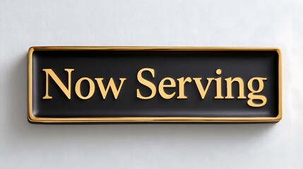 Elegant now serving sign with gold lettering on black background.