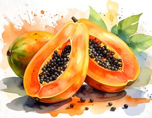 Watercolor painting of two halves of a papaya, displaying its vibrant orange flesh and black seeds.  Leaves and watercolor splashes enhance the composition