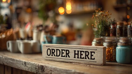 Rustic wooden order here sign on cafe counter with plants.