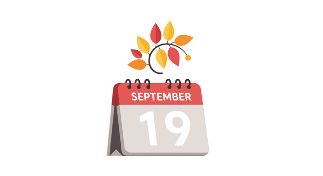 Autumnal Date Illustration: September 19th Calendar Page with Seasonal Leaf Adornment, isolated on white, vibrant and appealing illustration