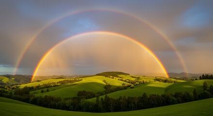 Fototapeta premium Vivid Full Rainbow Over Lush Green Hills