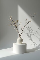 Minimalist ceramic vase with delicate dried branch casting shadow on white pedestal in soft natural sunlight, modern still life composition for interior, design, and decor concepts