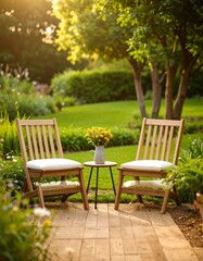 Obraz premium Two chairs on a patio at sunset