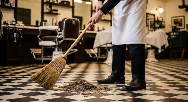 Man barber sweeping hair from floor. Barbershop clean up after haircut. Hair styling and grooming service.