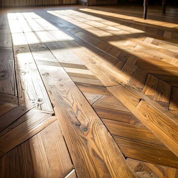 Intricate wood parquet floor, sunbeams