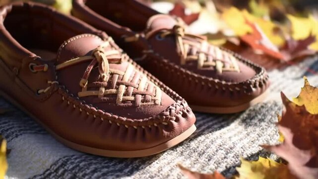 Brown leather moccasin shoes on a blanket with autumn leaves