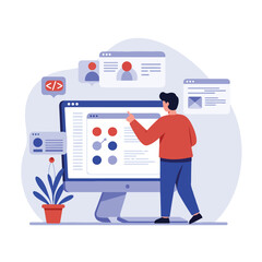 Man pointing at a computer screen with floating windows