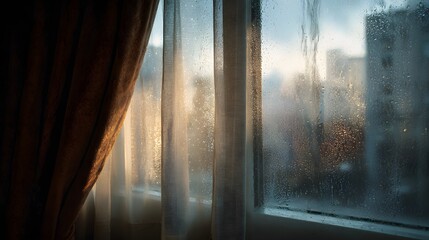 Rainy window with soft morning light through curtain.