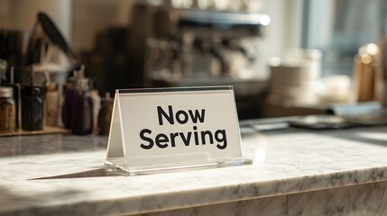 Now serving sign on marble counter in bright cafe.