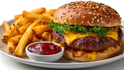 delicious burger with fries and ketchup on a white plate isolated on transparent cutout background