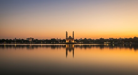 Golden Hour Hyderabad Skyline over Hussain Sagar Lake