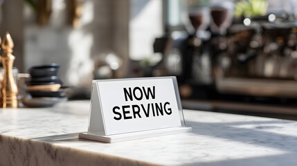 Now serving sign on marble counter in bright cafe.