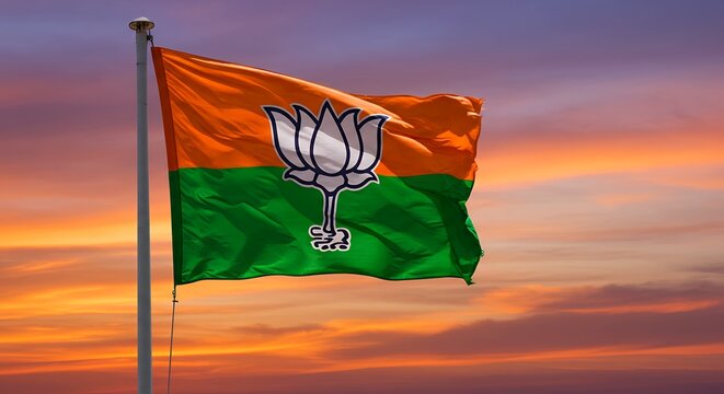 BJP Party Flag Waving Against Vibrant Sunset Sky
