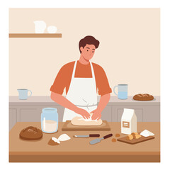 Baker kneading dough at a kitchen counter with ingredients and baked loaf