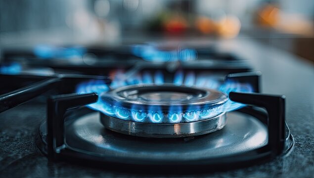 Close-up of a gas stove burner with blue flames
