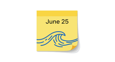 A simple reminder of summer: June 25th marked on a yellow note with a wave design, conveying a sense of sunny days and seasonal anticipation