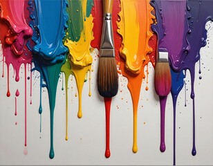 Colorful paint drips and brushes on a white surface