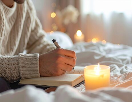 Self Care and Mental Health: A person journaling by candlelight in a cozy bedroom, soft focus, warm tones, introspective mood