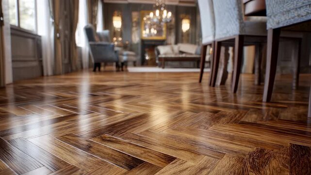 Focused medium shot of classic herringbone pattern in walnut wood showcasing elegant angular lines and polished finish with a gentle blur effect on the rest of the floor and room