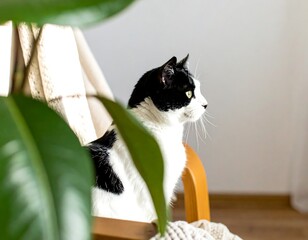 Black and white cat sitting in a wooden chair