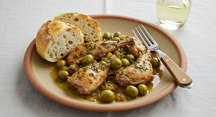 Mediterranean Braised Meat with Green Olives and Herbs, served with Artisan Bread. Delicious, rustic dish.