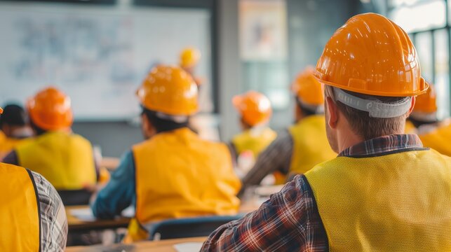 Construction workers wearing safety helmets attending a training session in a classroom setting. Concept for occupational safety, building construction and workplace learning
