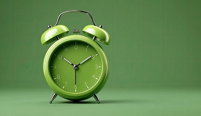 Green alarm clock on a green background