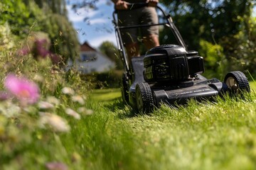Close up lawnmower cutting overgrown green grass in summer garden with flying grass pieces. Concept for garden maintenance, lawn care and landscaping service