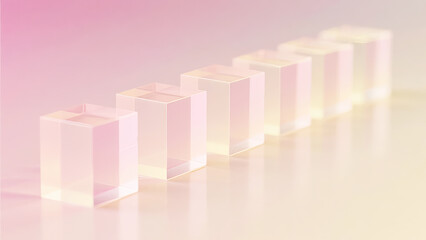 Row of translucent cubes arranged in a line on a reflective surface with soft lighting