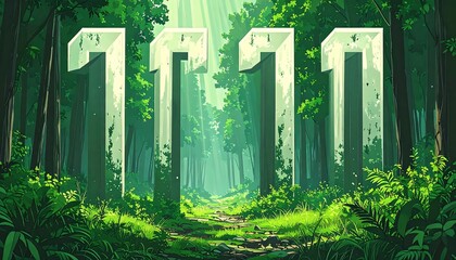 Ancient pathway through lush forest, highlighted by three large stone pillars