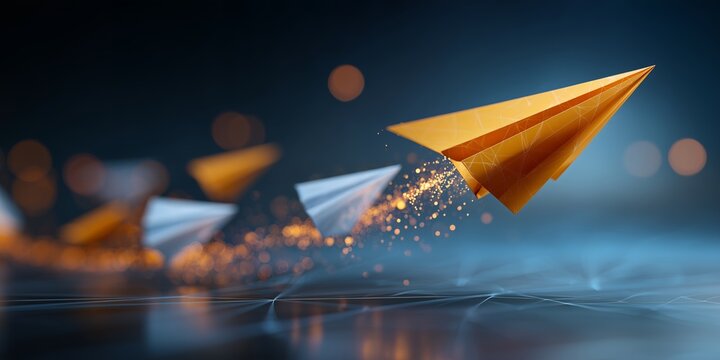Golden paper plane leading a group on a path with shining effect and dark backdrop, concept for leadership aspiration, innovation direction and business strategy progress