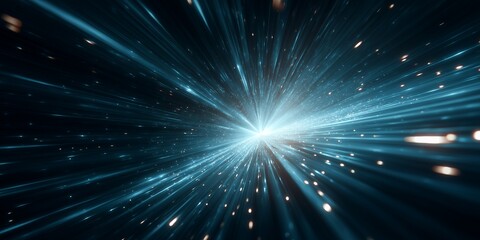 Abstract blue light streaks radiating from central point with gold particles in a dark background, concept for future technology, high speed internet and cosmic exploration