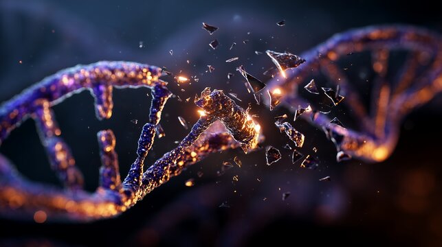 Artistic depiction of a fragmented DNA strand with shattered sections and glowing elements, concept for genetic engineering, pharmaceutical research and scientific visualization - Powered by Adobe