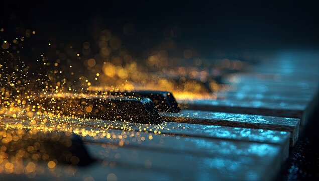 Piano keys glowing with golden sparks
