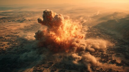 Aerial view of a massive explosion engulfing a cityscape under a hazy sky. Concept for disaster movie scene, post-apocalyptic scenario and industrial accident visualization