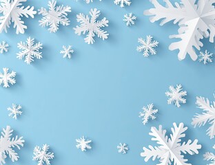 Paper snowflakes on light blue