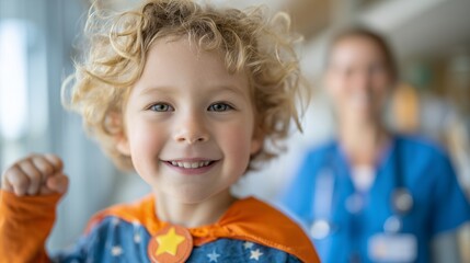 Fototapeta premium Smiling young boy in superhero costume in hospital, nurse blurred in the background, concept for pediatric care, children's ward design and healthcare awareness campaigns